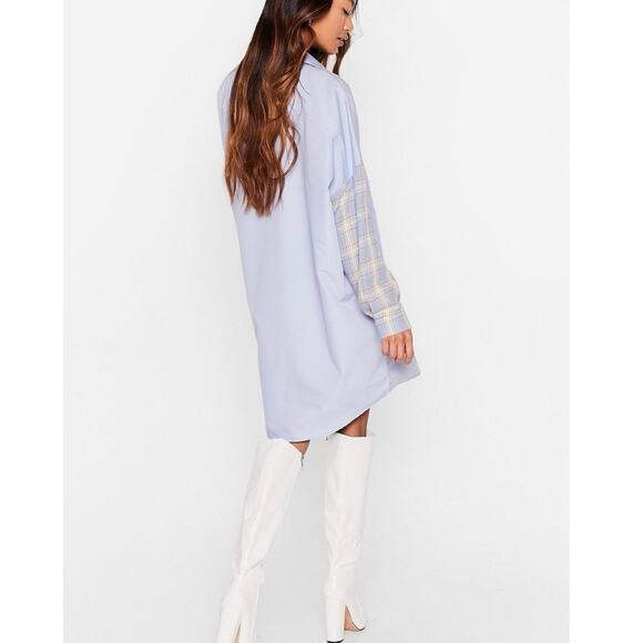 Nasty Gal Plaid Sleeve Oversized Shirt Dress Blue Womens size 8 - Picture 2 of 7